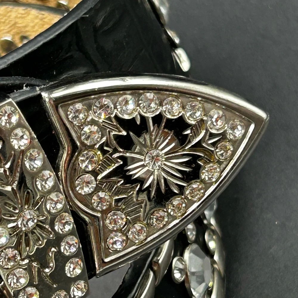 VTG BHW Rhinestone Belt‎ Black Leather and Silver Embellished Rhinestones 42”